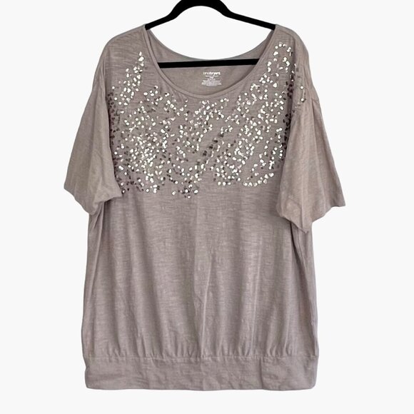 Lane Bryant Top Tee Blouse Sequined Design Taupe Color Size 18/20 Banded Bottom - Picture 1 of 12
